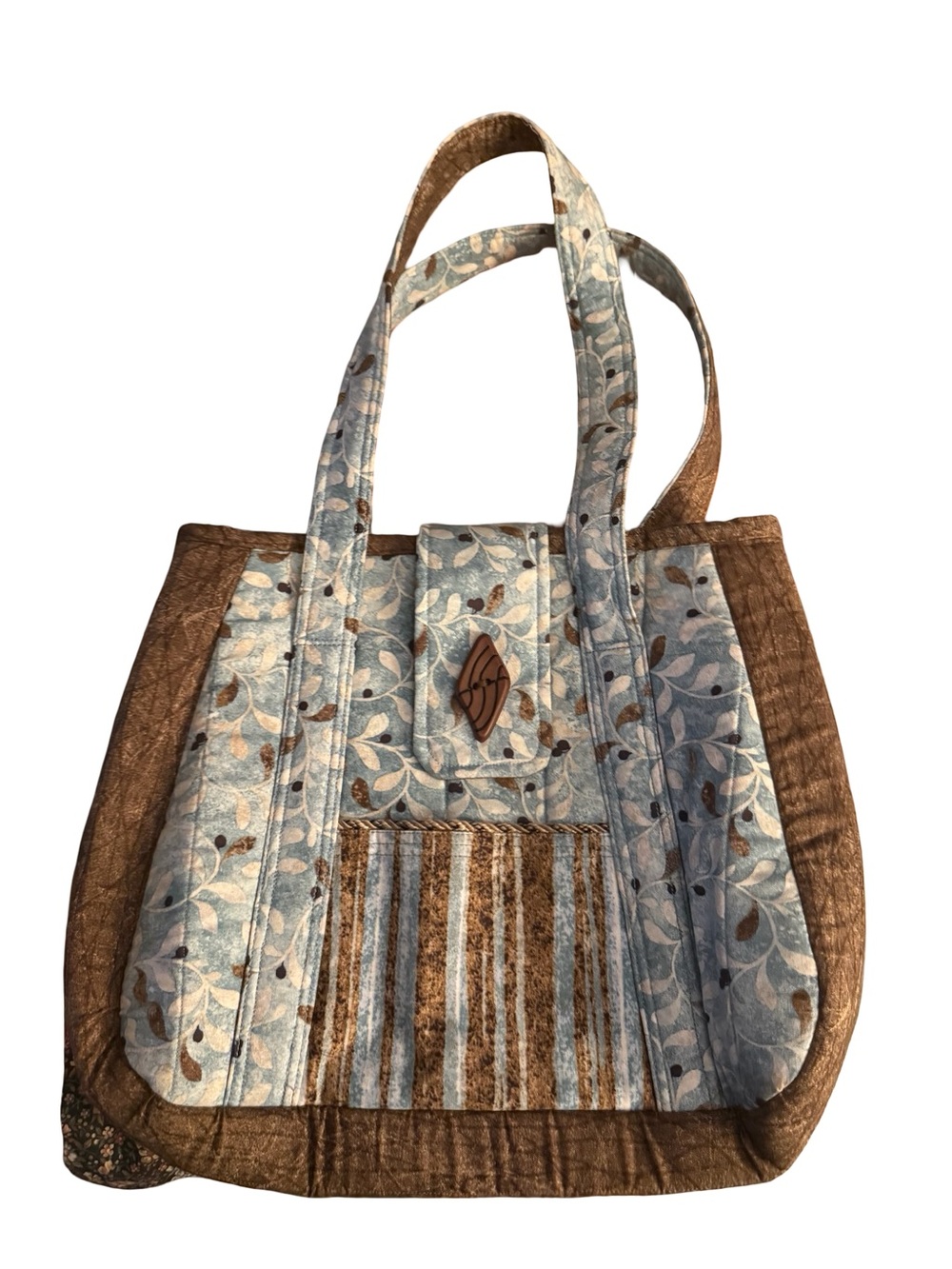 Quilted Floral Blue & Brown Tote Bag by